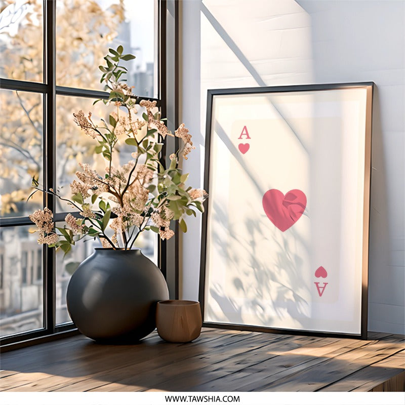Ace of Hearts Wall Art, Playing Card Print, Minimalist Home Decor, Casino Theme Art, Modern Wall Hanging - Tawshia