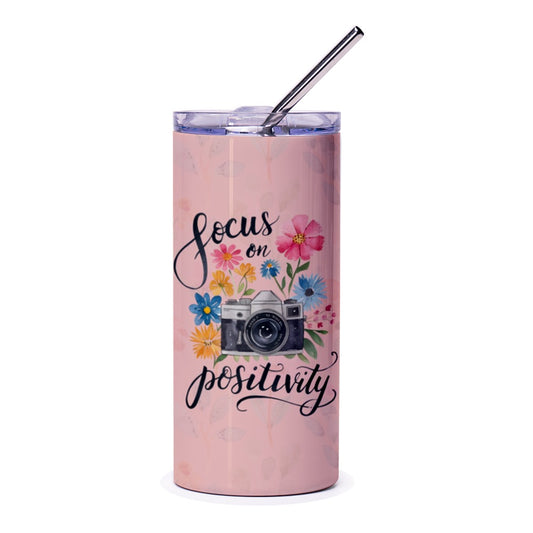 Focus on Positivity Tumbler, Camera Tumbler, Floral Tumbler, Inspirational Gifts, Positive Vibes, Motivational Tumbler, Pink Tumbler - Tawshia