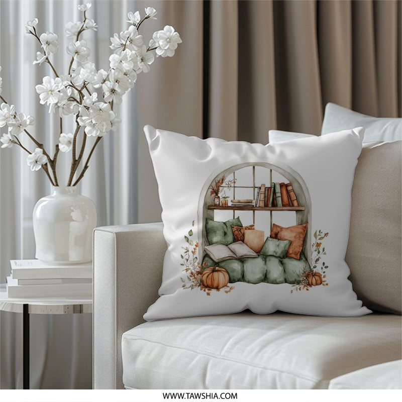 Cozy Reading Nook Pillow, Fall Decor Pillow, Books and Pumpkin Pillow, Autumn Window Seat Throw Pillow, Literary Gift Idea, Home Decor - Tawshia