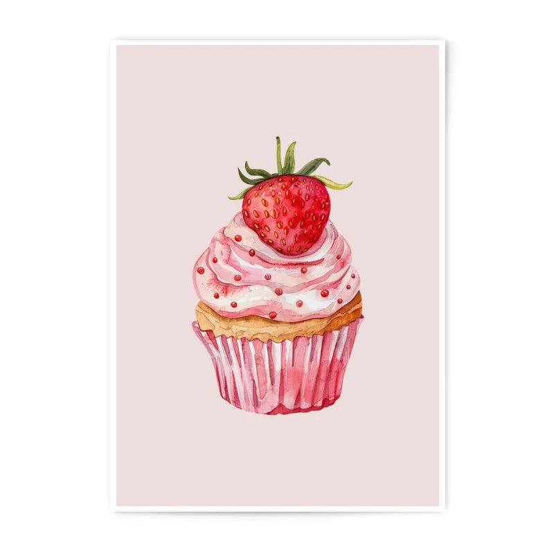 Strawberry Cupcake Photographic Prints, Watercolor Food Art, Kitchen Wall Decor, Dessert Print, Sweet Treats Print, Cupcake Art Print - Tawshia