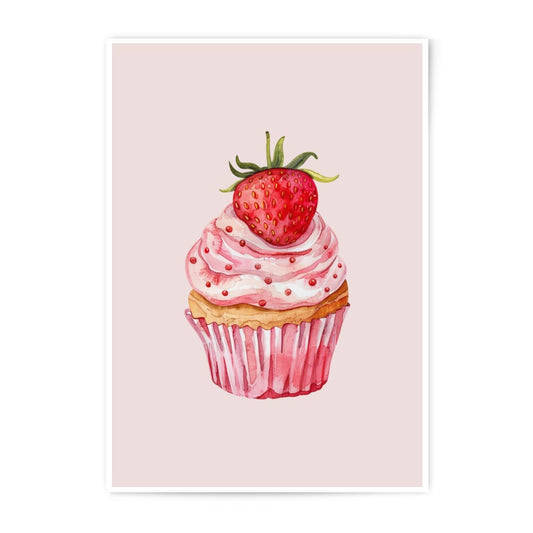 Strawberry Cupcake Photographic Prints, Watercolor Food Art, Kitchen Wall Decor, Dessert Print, Sweet Treats Print, Cupcake Art Print - Tawshia