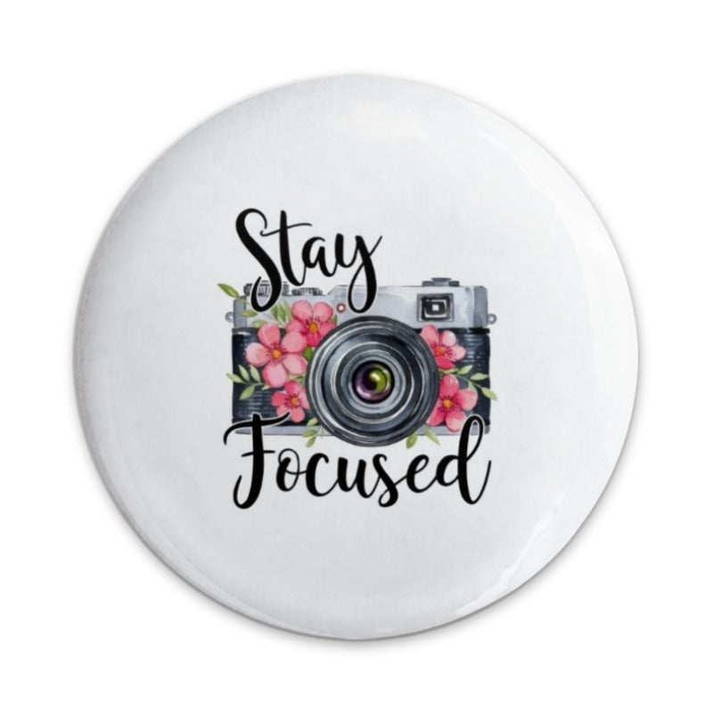 Stay Focused Camera Pinback Button, Floral Photography Gift, Photographer Accessories, Motivational Button Badge, Cute Camera Button - Tawshia