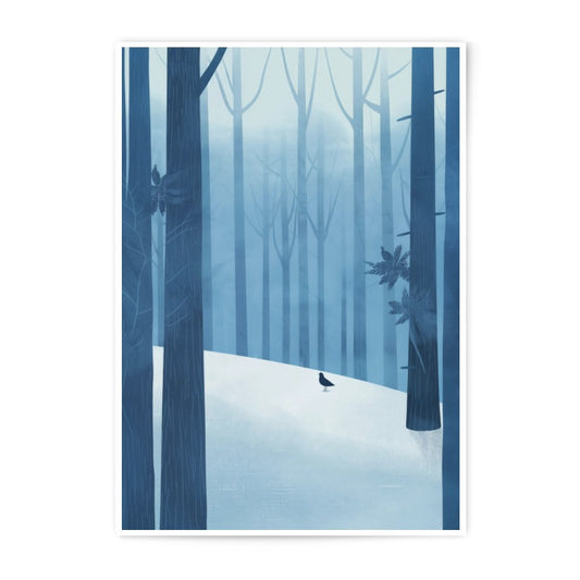 Winter Forest Photographic Print, Snow Scene Art, Bird in Woods, Minimalist Nature, Blue Forest, Atmospheric Wall Art, Gift Idea - Tawshia