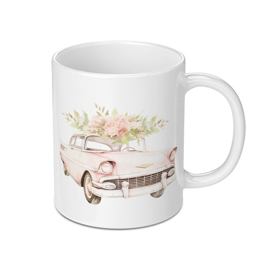 Floral Car Mug, Vintage Car Coffee Cup, Flower Trucker Gift, Classic Car Lover Gift, Pink Watercolor Car Mug - Tawshia
