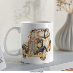 Vintage Car Mug, Floral Antique Automobile, Retro Vehicle Coffee Cup, Unique Car Lover Gift, Flower Adorned Classic Car Mug - Tawshia