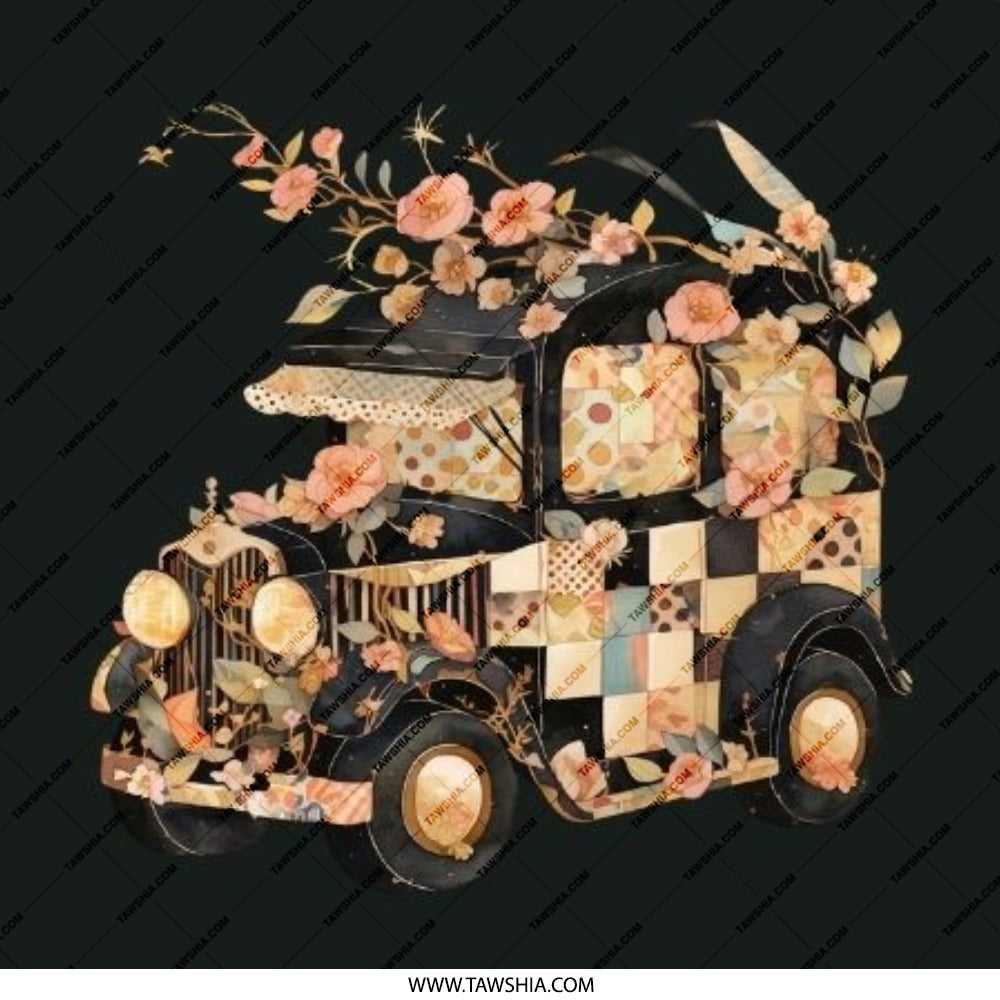 Floral Vintage Car Pinback Button, Antique Automobile Badge, Cute Flower Truck Button, Unique Aesthetic Accessory, Classic Car Button - Tawshia