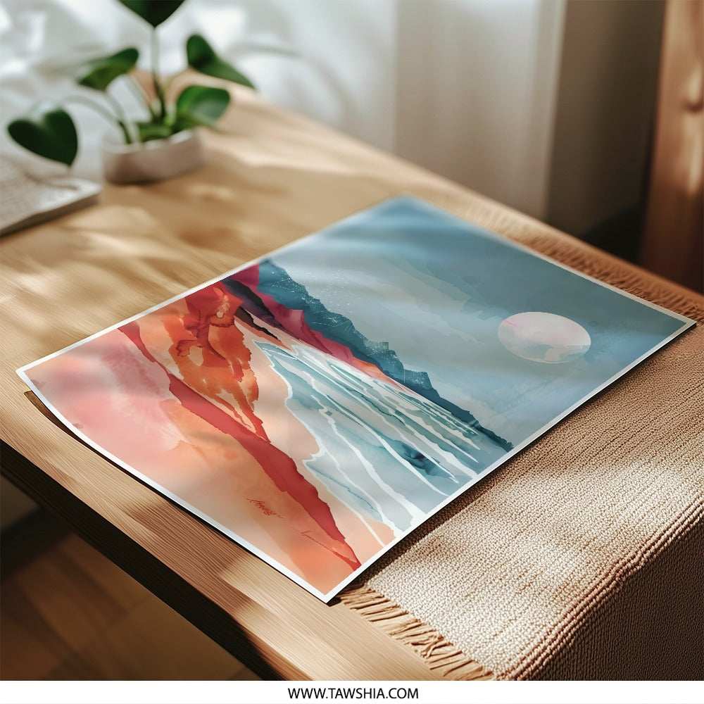 Coastal Photographic Print, Beach Wall Decor, Mountain Seascape Art, Full Moon Ocean Painting, Modern Landscape Photo, Home Decor - Tawshia