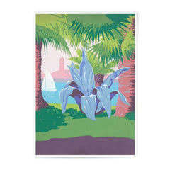 Coastal Agave Photographic Print, Tropical Landscape Art, Sailboat and Palm Trees, Vacation Home Decor, Beach Scenery, Modern Wall Art - Tawshia