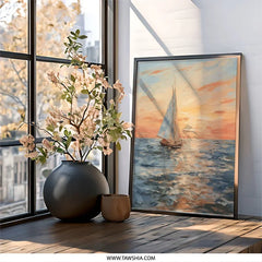 Sailing Boat Wall Art, Ocean Sunset Painting, Coastal Decor, Nautical Wall Art, Sailboat Artwork, Seascape Art Print - Tawshia