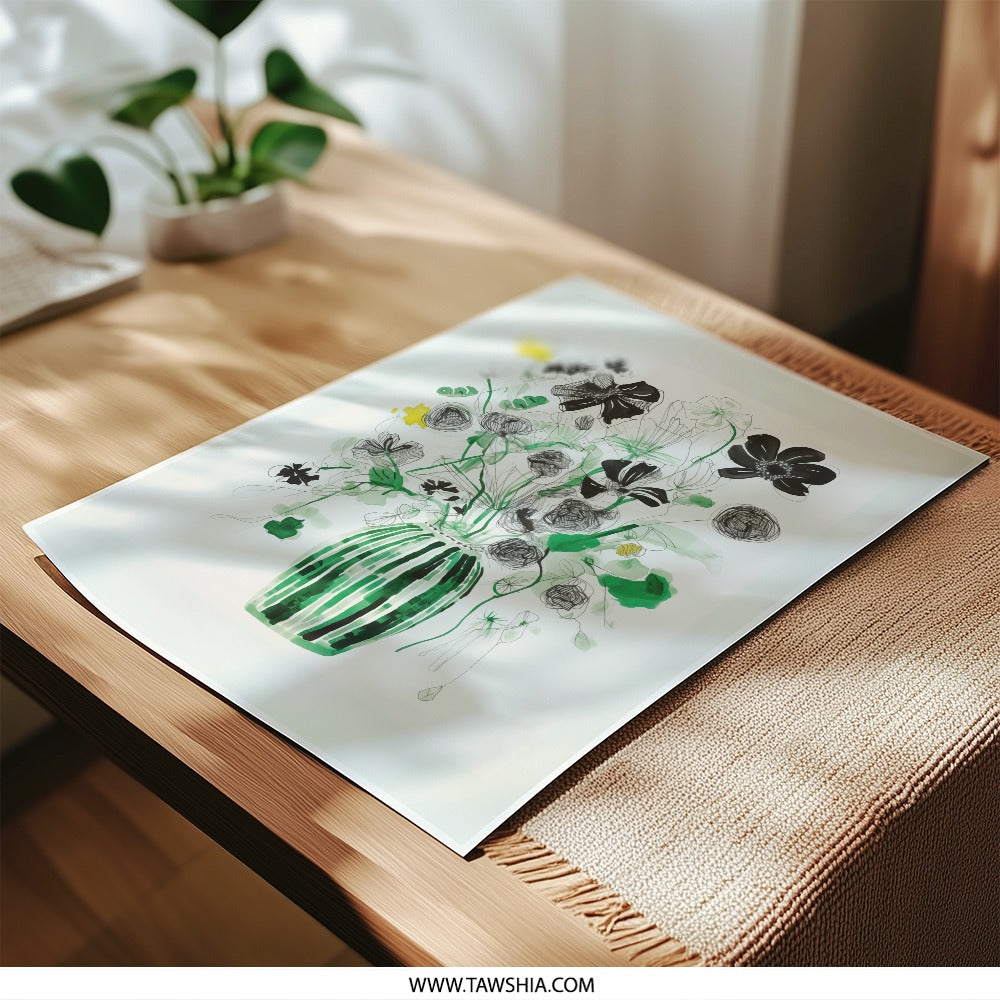 Floral Photographic Print, Flower Bouquet Art, Green Vase, Modern Art Print, Botanical Wall Decor, Home Decor, Gift Idea - Tawshia