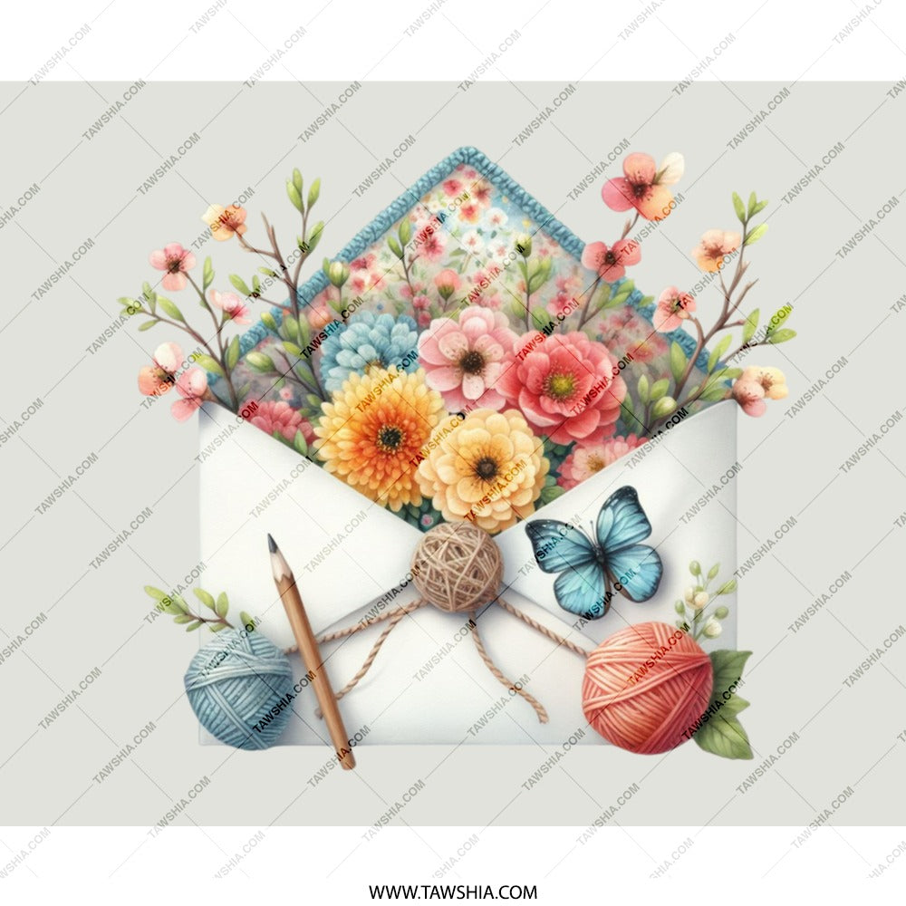 Floral Envelope Mouse Pad, Butterfly Art Mousepad, Flower Arrangement, Yarn and Pencil Art, Cute Office Decor, Unique Desk Accessory - Tawshia