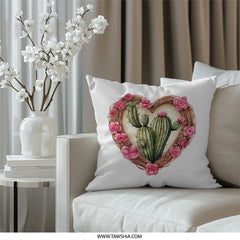 Cactus Heart Pillow, Floral Pillow, Desert Pillow, Pink Roses Pillow, Valentine's Day Gift, Southwestern Decor, Boho Pillow - Tawshia