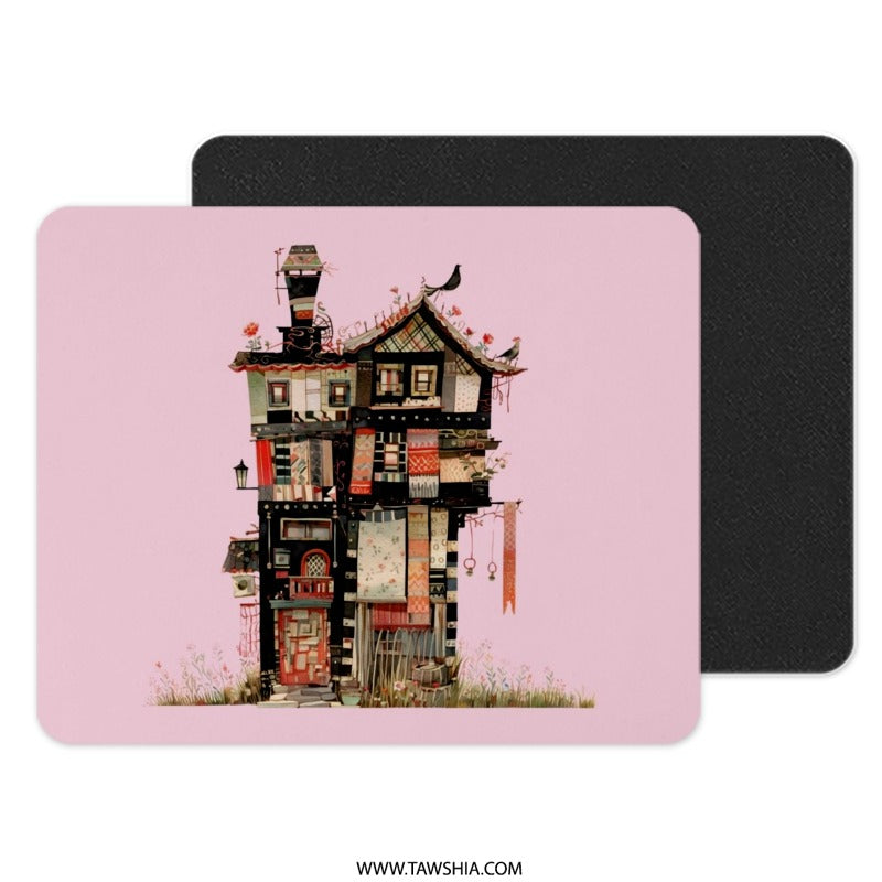 Whimsical Building Mouse Pad, Colorful House Illustration, Quirky Desk Accessory, Unique Computer Mat, Artist Design Mousepad - Tawshia