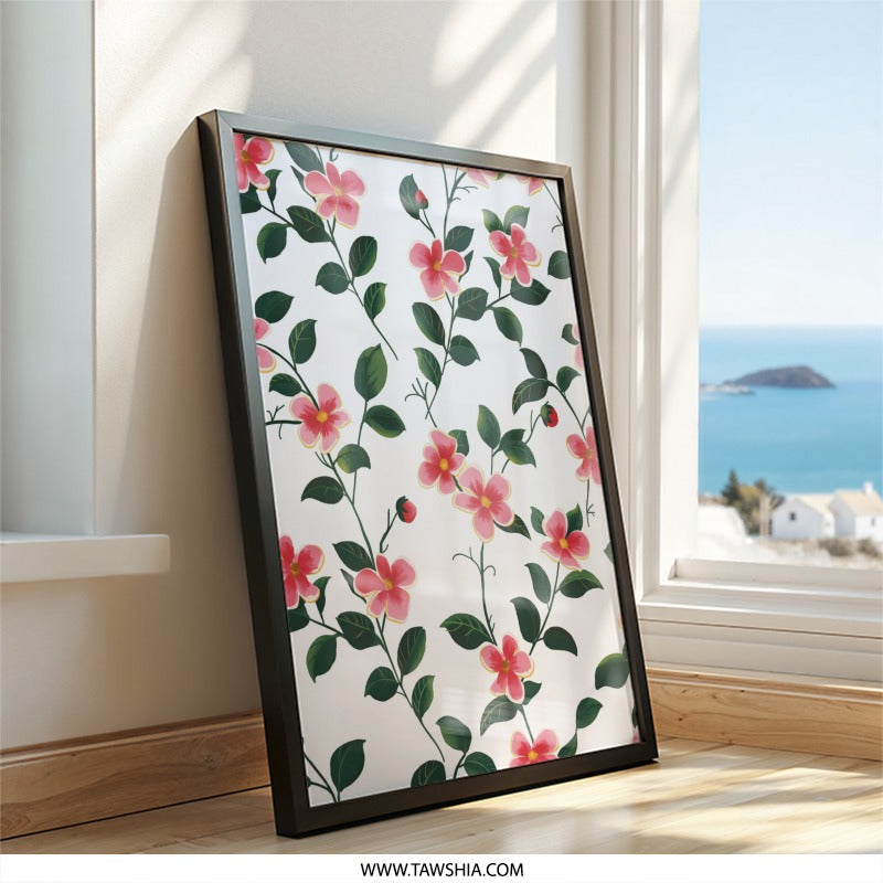Pink Floral Pattern Wall Art, Botanical Print, Flower Artwork, Ladybug Accent, Nature Inspired Decor, Floral Home Decor - Tawshia