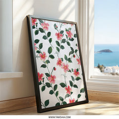 Pink Floral Pattern Wall Art, Botanical Print, Flower Artwork, Ladybug Accent, Nature Inspired Decor, Floral Home Decor - Tawshia