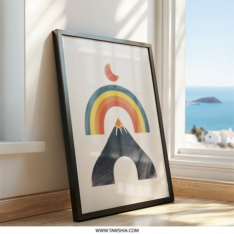Minimalist Mountain Wall Art, Boho Rainbow Print, Abstract Landscape Poster, Modern Home Decor, Geometric Art Print - Tawshia