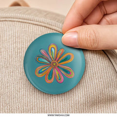 Groovy Flower Pinback Button, 70s Style Floral Button, Colorful Retro Flower Power Button, Funky Teal Flower Pinback Button - Tawshia