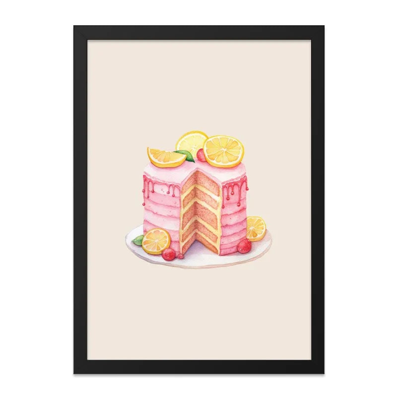 Pink Lemon Cake Wall Art, Foodie Art Print, Watercolor Dessert Art, Kitchen Decor, Slice of Cake, Sweet Treat Art Print, Framed Wall Art - Tawshia