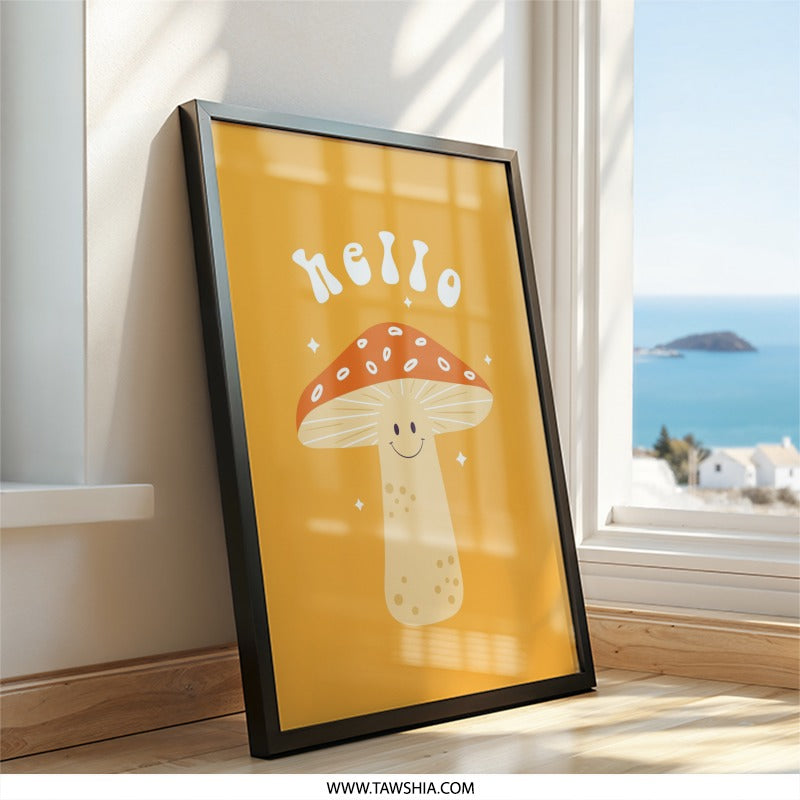 Hello Mushroom Wall Art, Funky Decor, Smiley Face, Retro Print, Cute Mushroom, Kids Room Art, Playroom Decor, Quirky Wall Decor - Tawshia