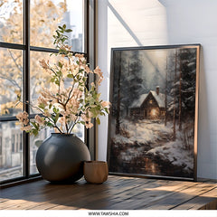 Winter Cabin Wall Art, Snowy Landscape Print, Cozy Home Decor, Rustic Cabin Painting, Forest Wall Decor, Winter Scene Art - Tawshia