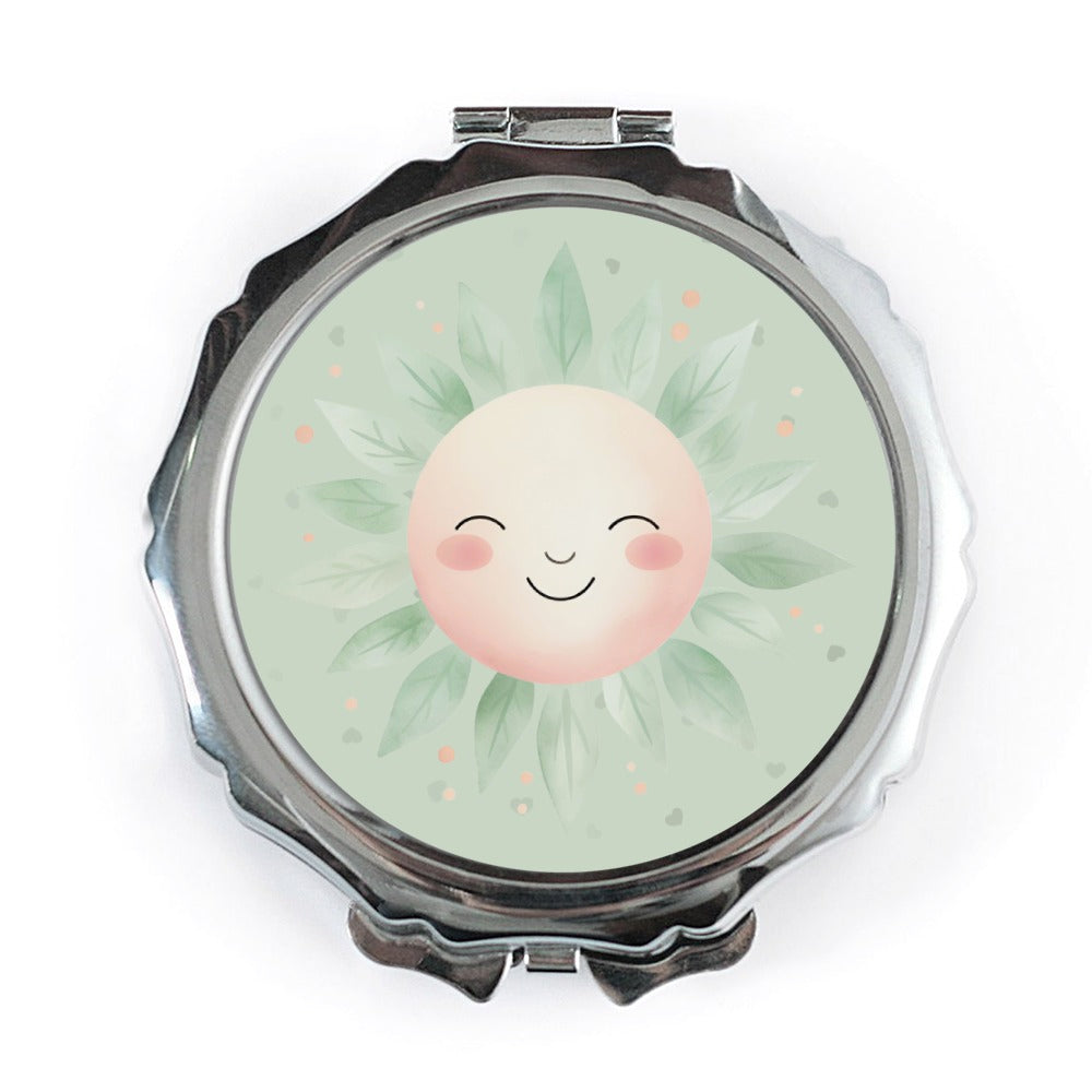 Cute Sun Pocket Mirror, Smiling Face Compact Mirror, Pastel Green Aesthetic, Makeup Mirror for Purse, On The Go Mirror Accessory - Tawshia