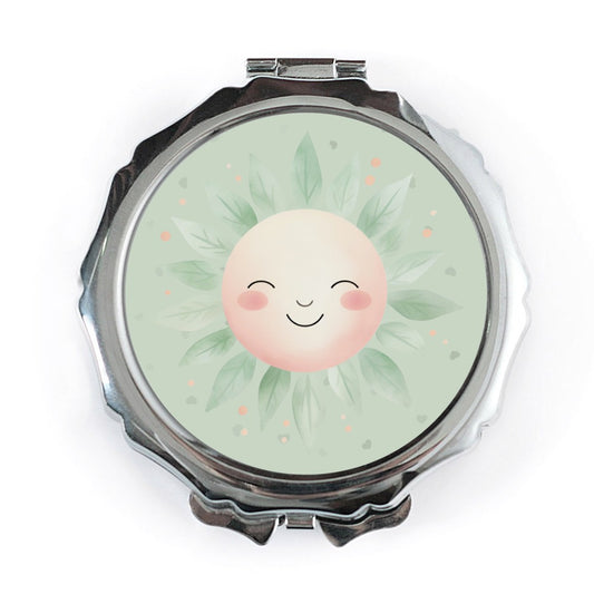 Cute Sun Pocket Mirror, Smiling Face Compact Mirror, Pastel Green Aesthetic, Makeup Mirror for Purse, On The Go Mirror Accessory - Tawshia