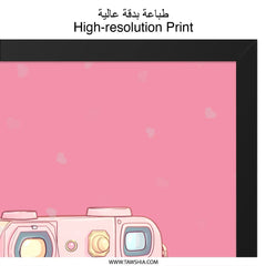 Cute Camera Framed Wall Art, Kawaii Pink Room Decor, Retro Camera Print, Pastel Aesthetic, Trendy Wall Hanging, Black Frame Options - Tawshia