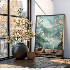 Serene Tea Time Wall Art, Oriental Landscape Print, Mountain View Artwork, Peaceful Home Decor, Blooming Cherry Blossoms, Asian Scenery - Tawshia