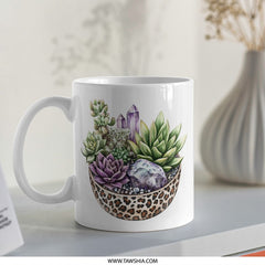Succulent Mug, Crystal Mug, Leopard Print, Plant Lover Gift, Unique Mug, Office Mug, Coffee Mug, Tea Mug, Gift For Her, Boho Mug - Tawshia