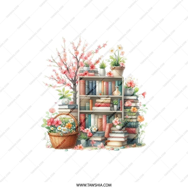 Bookshelf Pillow, Floral Pillow, Pink Flower Tree, Book Lover Gift, Spring Decor, Cozy Home Decor, Decorative Throw Pillow - Tawshia