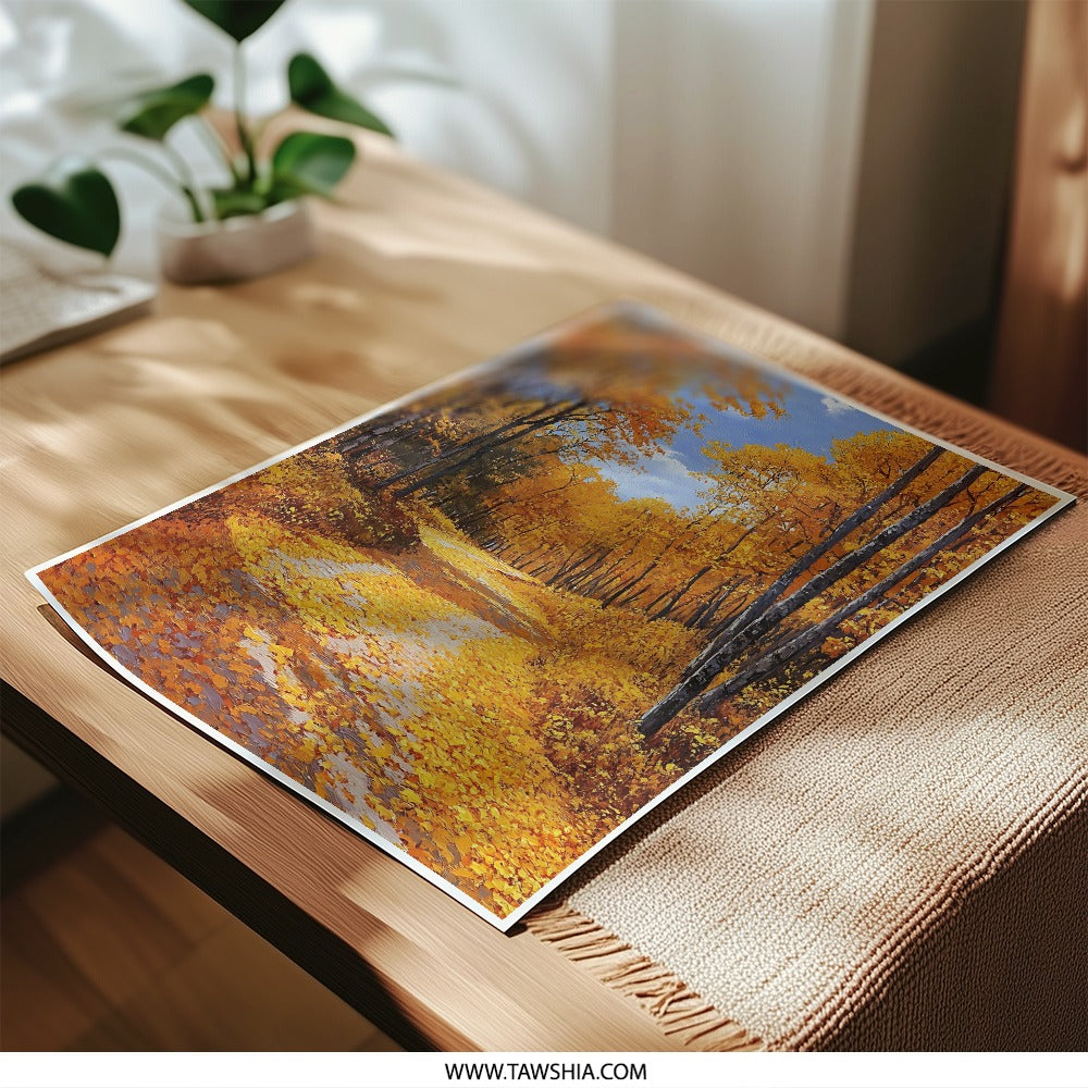Autumn Road Photographic Print, Fall Foliage Landscape Art, Golden Leaves Scene, Nature Wall Decor, Seasonal Print, Rustic Home Decor - Tawshia