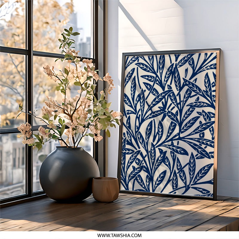Indigo Leaves Wall Art, Botanical Print, Abstract Leaf Pattern, Modern Home Decor, Elegant Framed Art, Nature Inspired, Wall Decor - Tawshia
