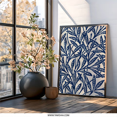 Indigo Leaves Wall Art, Botanical Print, Abstract Leaf Pattern, Modern Home Decor, Elegant Framed Art, Nature Inspired, Wall Decor - Tawshia