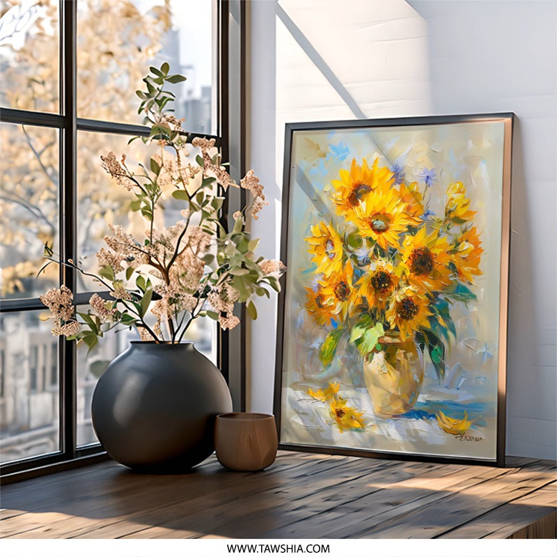Sunflower Wall Art, Floral Painting, Impressionist Art, Flower Vase Print, Bright Home Decor, Summer Art Print, Nature Inspired Gift - Tawshia