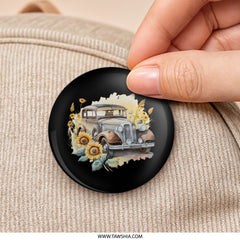 Classic Car Pinback Button, Vintage Auto Floral, Sunflower Lover Gift, Retro Car Badge, Car Enthusiast Pin, Unique Accessories - Tawshia