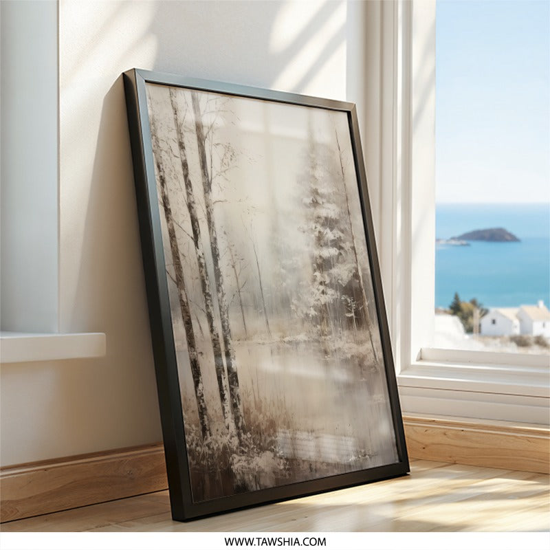 Winter Forest Wall Art, Snowy Landscape Print, Birch Trees Painting, Lake Scene Decor, Rustic Home Art, Nature Wall Decor, Winter Art - Tawshia