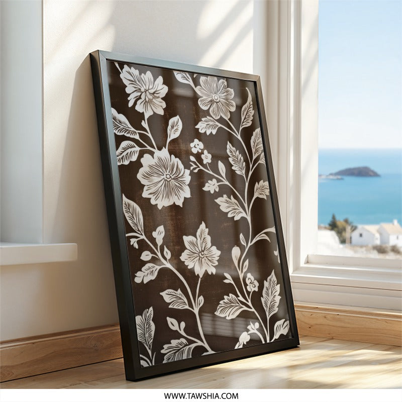 Floral Wall Art Print, Brown Botanical Decor, White Flower Artwork, Elegant Home Decor, Nature Inspired Art - Tawshia