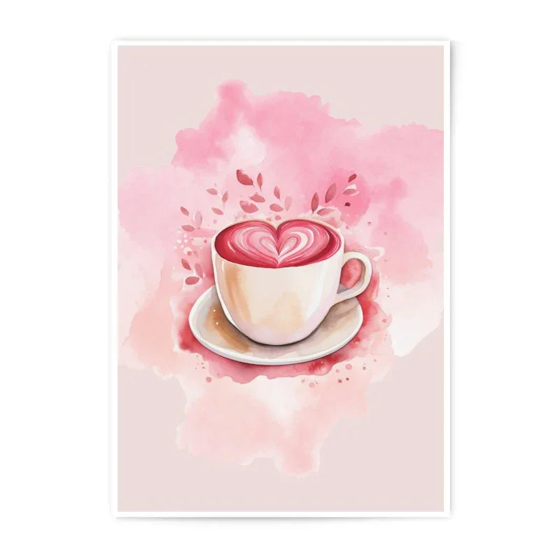 Heart Latte Art Photographic Print, Coffee Lover Gift, Watercolor Style, Romantic Home Decor, Kitchen Art Print - Tawshia