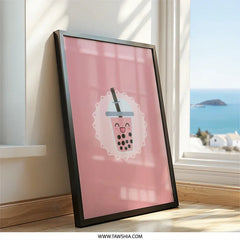 Cute Boba Tea Wall Art, Pink Kawaii Drink Poster, Minimalist Bubble Tea Print, Sweet Dessert Illustration, Modern Kitchen Decor - Tawshia