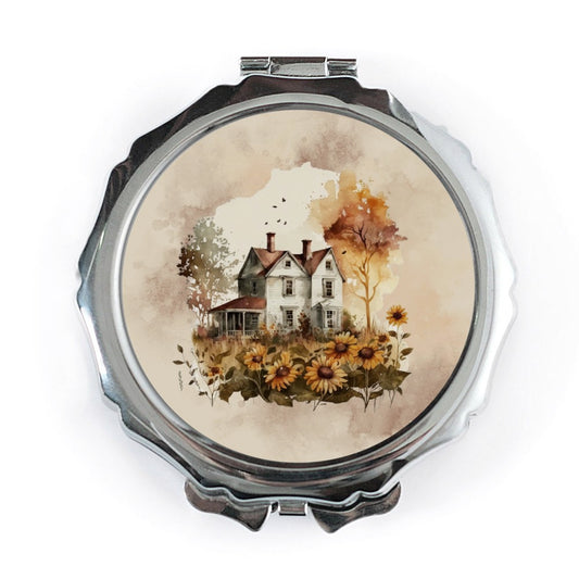 Farmhouse Mirror, Sunflower Pocket Mirror, Country Cottage Makeup Mirror, Rustic Chic Compact Mirror, Fall Landscape Cosmetic Mirror - Tawshia