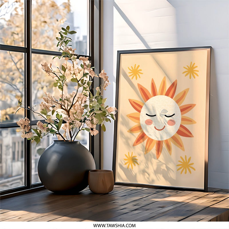 Sunshine Wall Art, Smiling Sun Print, Boho Nursery Decor, Kids Room Art, Happy Sun Illustration, Playroom Wall Art - Tawshia