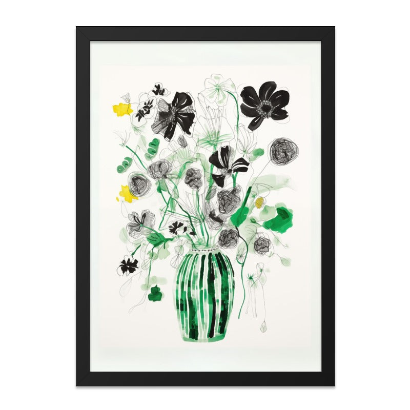 Black Floral Wall Art, Green Vase Print, Minimalist Flower Art, Modern Botanical Decor, Living Room Art, Housewarming Gift - Tawshia