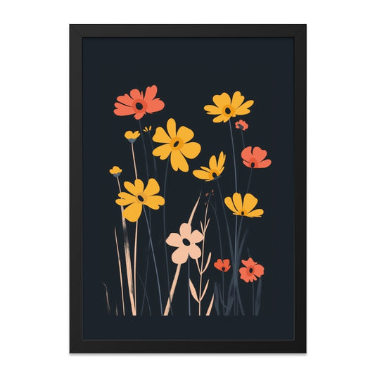 Floral Wall Art, Botanical Print, Flower Field Illustration, Modern Art Print, Home Decor, Colorful Wall Decor, Dark Background Wall Decor - Tawshia