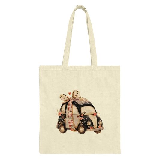 Floral Car Tote Bag, Cute Beetle Design, Unique Shopping Bag, Stylish Everyday Bag, Gift for Her, Durable and Trendy Tote - Tawshia