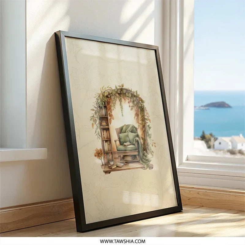 Cozy Reading Nook Framed Wall Art, Bookshelf Chair Arch Print, Home Decor Artwork, Book Lover Gift, Peaceful Scene, Framed Art - Tawshia