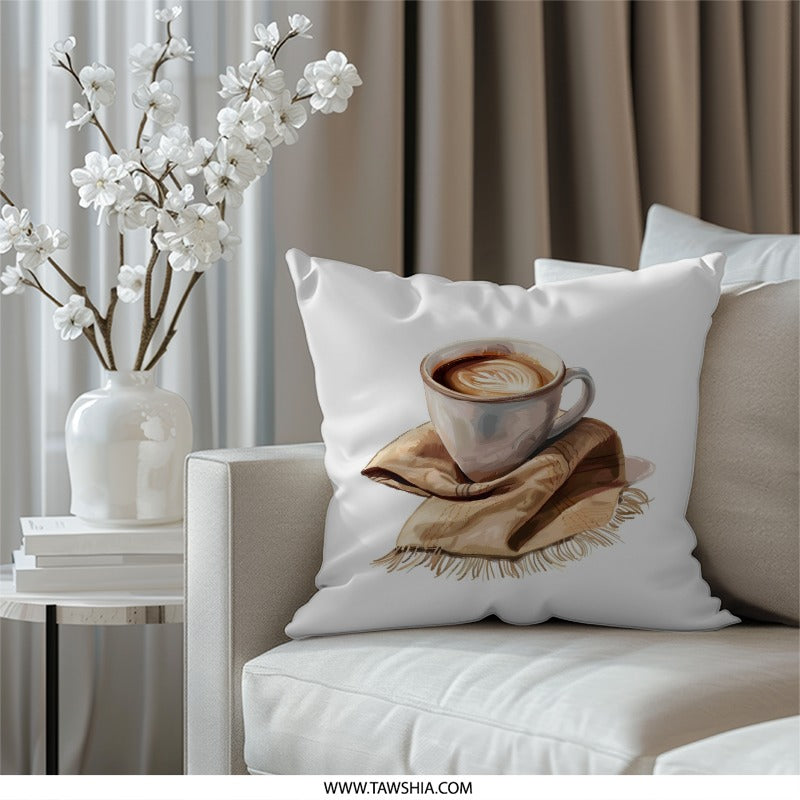 Coffee Cup Pillow, Latte Art Design Pillow, Morning Coffee Decor, Cozy Home Decor, Gift for Coffee Lover - Tawshia