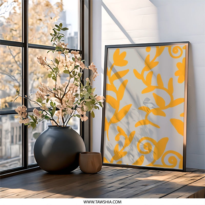Golden Floral Wall Art, Botanical Print, Abstract Leaves Decor, Trendy Home Art, Elegant Wall Hanging, Neutral Tones, Modern Artwork - Tawshia