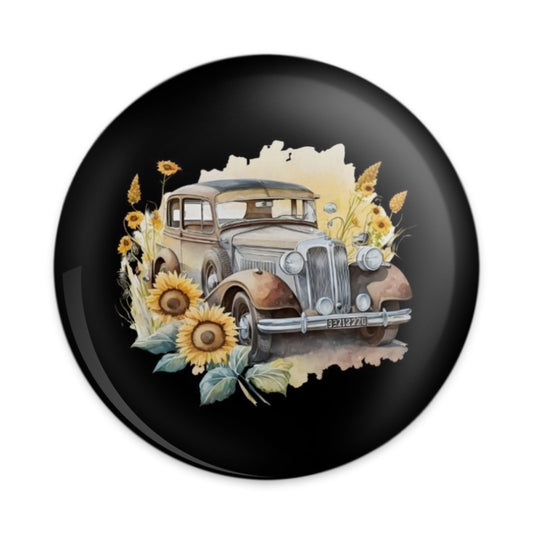 Classic Car Pinback Button, Vintage Auto Floral, Sunflower Lover Gift, Retro Car Badge, Car Enthusiast Pin, Unique Accessories - Tawshia