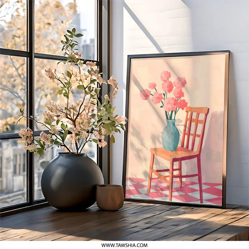 Floral Still Life Wall Art, Chair and Flowers Print, Pink Flowers Art Print, Vase of Flowers Wall Decor, Cozy Home Art, Framed Art - Tawshia