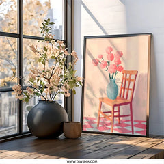 Floral Still Life Wall Art, Chair and Flowers Print, Pink Flowers Art Print, Vase of Flowers Wall Decor, Cozy Home Art, Framed Art - Tawshia